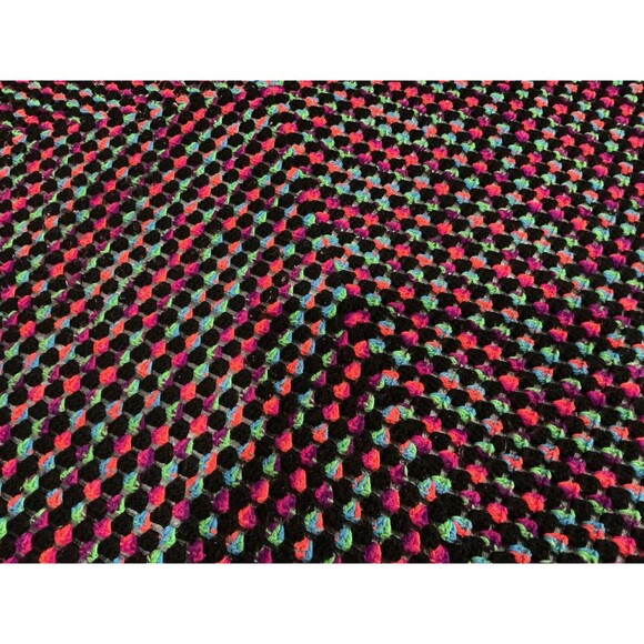 Handmade Afghan Crochet Blanket  58"x54" Retro Neon Black Cottage - Picture 3 of 4